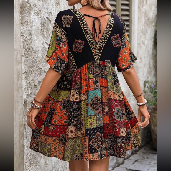 Boho patchwork print tie back dress - Picture 2 of 6